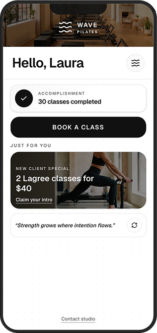 Wave Pilates branded client home screen