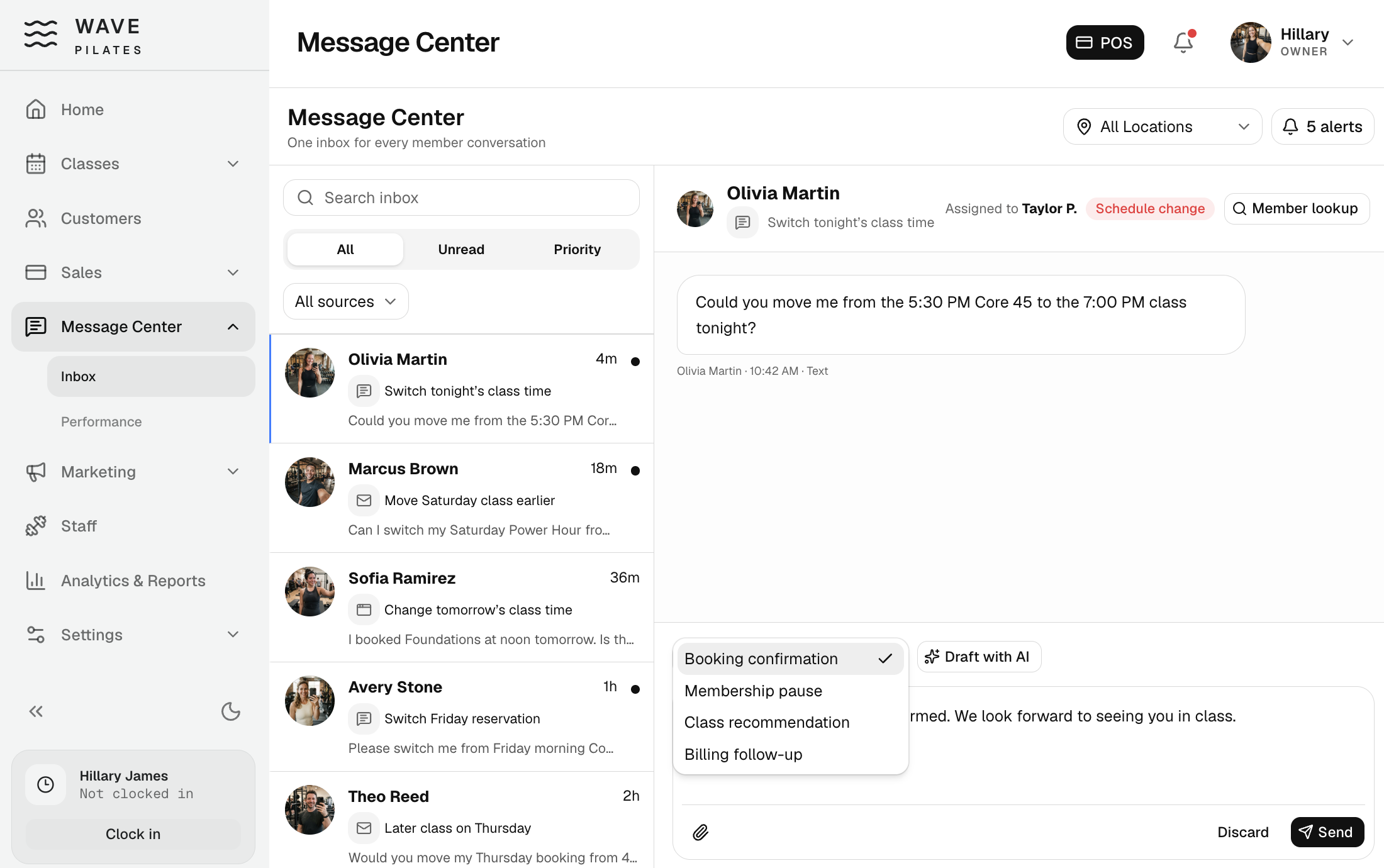 Wave Pilates member inbox with assignment context and AI-assisted reply controls