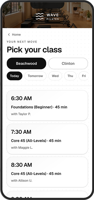 Wave Pilates mobile class schedule
