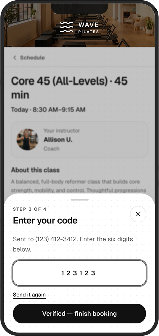 Wave Pilates SMS booking verification